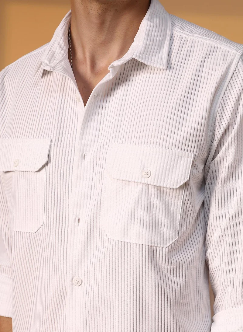 Campus Sutra Men's Chalk White Ribbed Utility Shirt