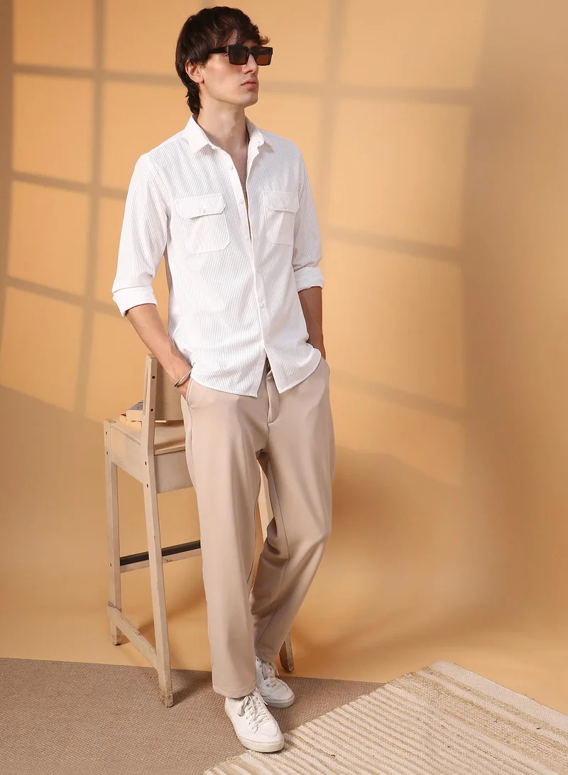 Campus Sutra Men's Chalk White Ribbed Utility Shirt