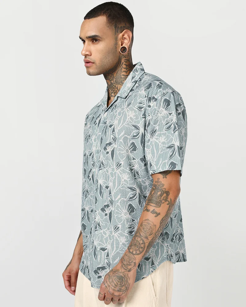 بيواكوف Men's Green & Off White All Over Printed Oversized Shirt