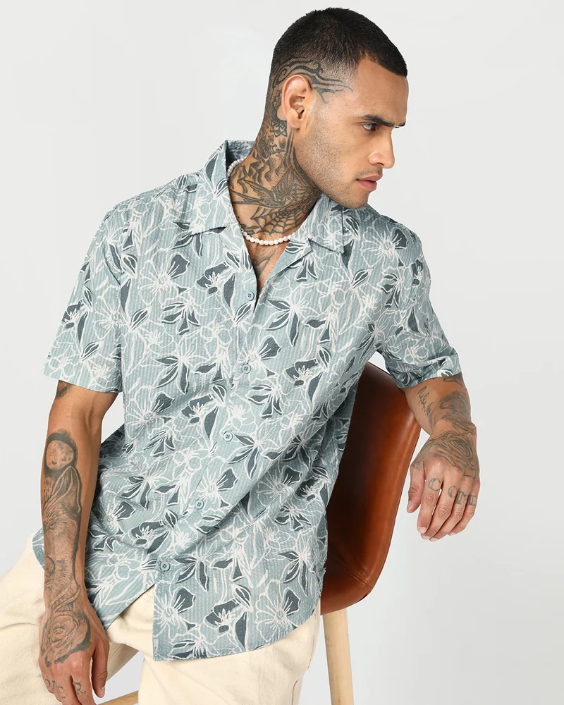 بيواكوف Men's Green & Off White All Over Printed Oversized Shirt