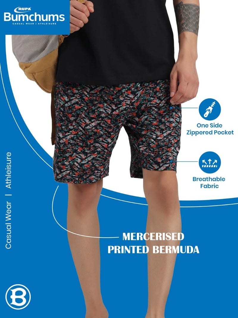 Bumchums Men Mercerised Printed Knee Length Cotton Bermuda Shorts with One Side Zip Pocket, Pack of 1 - Image 3