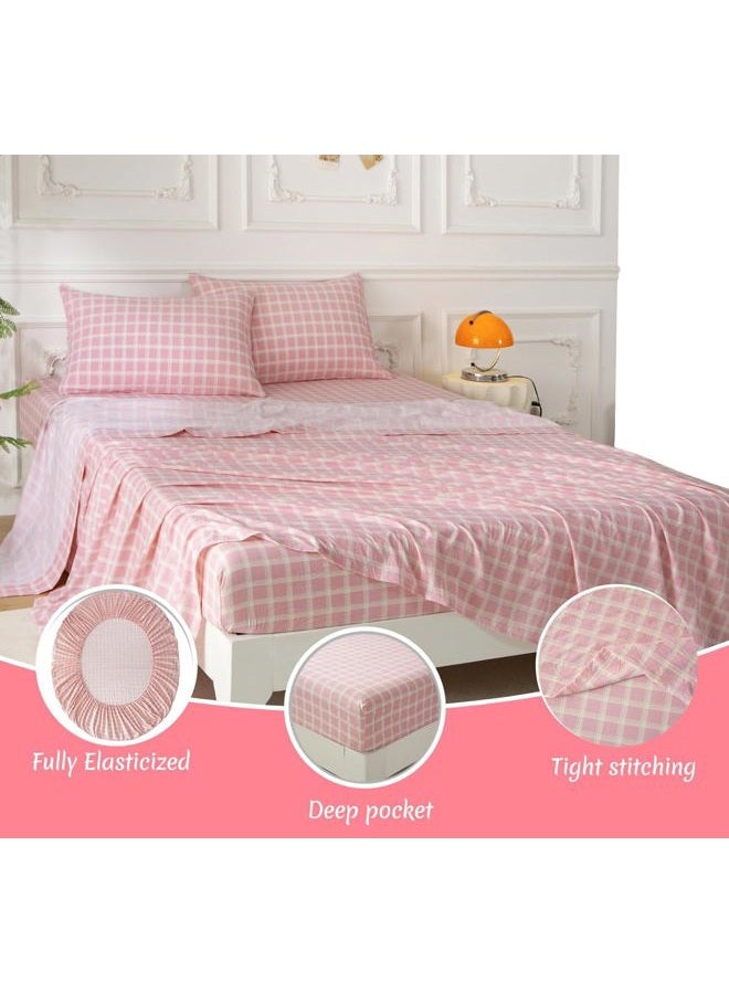 SDY 7PCS Pink Checkered Bedding Set Queen, Cute Washed Microfiber Gingham Bedding Sheet Set for Kids Boys and Girls with Comforter, Flat Sheet, Fitted Sheet and Pillowcases & Shams - Image 4