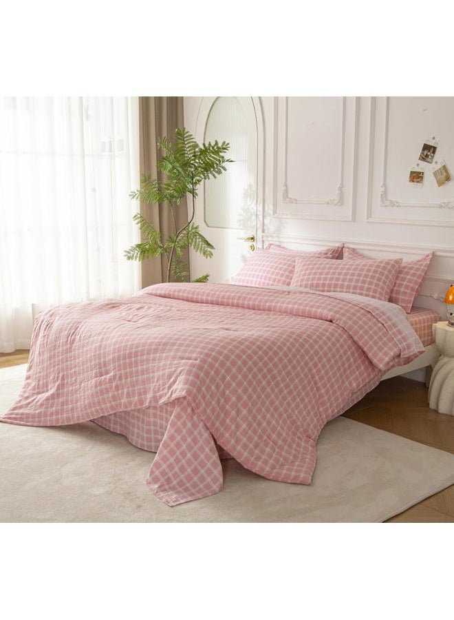SDY 7PCS Pink Checkered Bedding Set Queen, Cute Washed Microfiber Gingham Bedding Sheet Set for Kids Boys and Girls with Comforter, Flat Sheet, Fitted Sheet and Pillowcases & Shams - Image 2
