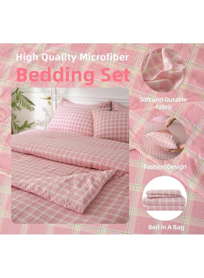 SDY 7PCS Pink Checkered Bedding Set Queen, Cute Washed Microfiber Gingham Bedding Sheet Set for Kids Boys and Girls with Comforter, Flat Sheet, Fitted Sheet and Pillowcases & Shams - Image 5