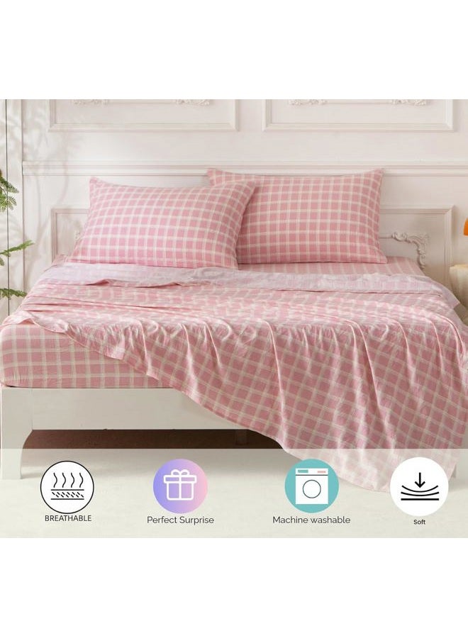 SDY 7PCS Pink Checkered Bedding Set Queen, Cute Washed Microfiber Gingham Bedding Sheet Set for Kids Boys and Girls with Comforter, Flat Sheet, Fitted Sheet and Pillowcases & Shams - Image 3