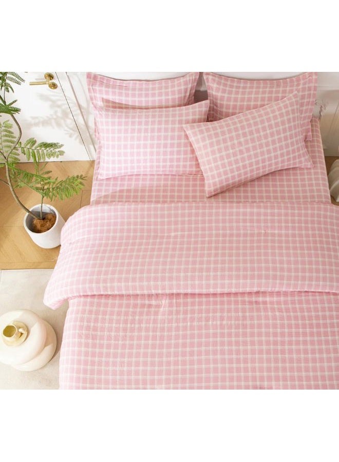 SDY 7PCS Pink Checkered Bedding Set Queen, Cute Washed Microfiber Gingham Bedding Sheet Set for Kids Boys and Girls with Comforter, Flat Sheet, Fitted Sheet and Pillowcases & Shams - Image 1