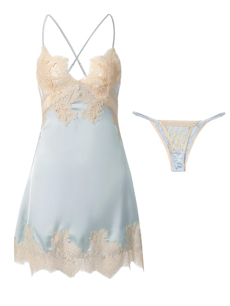 Lilosy Sexy Silk Lace Up Backless Satin Applique Floral Lace Babydoll Lingerie Dress with Tong 2 Piece Women Panty Chemise Negligee Blue Medium - Image 1