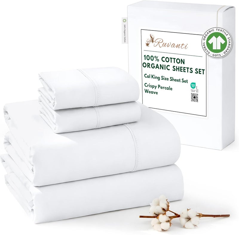RUVANTI 100% Organic Cotton Sheets California King, Percale Weave, GOTS Certified, 4-Piece Set, Deep Pocket 13", Crisp & Breathable, Soft Durable Bedding, Sábanas Algodón Orgánico – Bright White - Image 1
