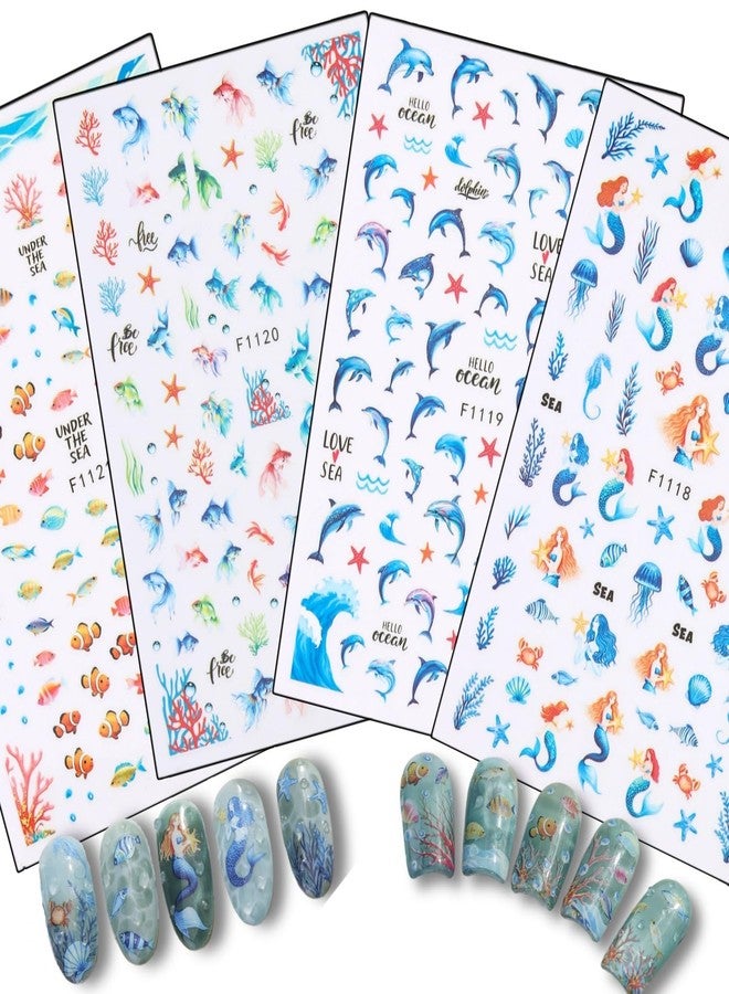 SIMAYKUWA Nail Stickers Summer Ocean Theme - Mermaid Dolphin Sealife Designs, Waterproof Nail Art Decals（4 Sheetss） - Image 1