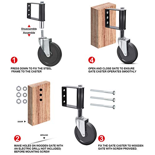 Ronlap Gate Wheels for Wooden Gate, Gate Caster Wheel Spring Loaded for Metal Tube Swing Gate Fence Gate Wheel for Gates Heavy Duty Outdoor Farm Vinyl Gate Rollers, 250 Lbs, 5 Inches, Black - Image 5