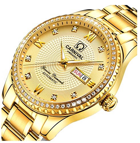 Carnival Mens Dial Automatic Full Gold Stainless Steel Sapphire Glass Waterproof Men Black Watch (Full Gold) - Image 2