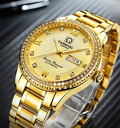 Carnival Mens Dial Automatic Full Gold Stainless Steel Sapphire Glass Waterproof Men Black Watch (Full Gold) - Image 3