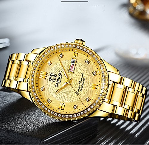 Carnival Mens Dial Automatic Full Gold Stainless Steel Sapphire Glass Waterproof Men Black Watch (Full Gold) - Image 4
