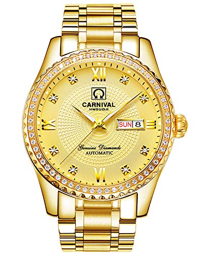 Carnival Mens Dial Automatic Full Gold Stainless Steel Sapphire Glass Waterproof Men Black Watch (Full Gold) - Image 1