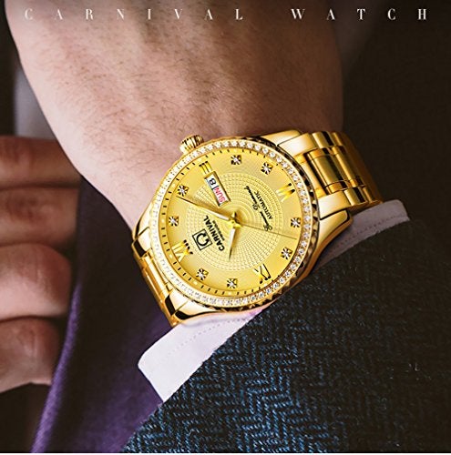 Carnival Mens Dial Automatic Full Gold Stainless Steel Sapphire Glass Waterproof Men Black Watch (Full Gold) - Image 5