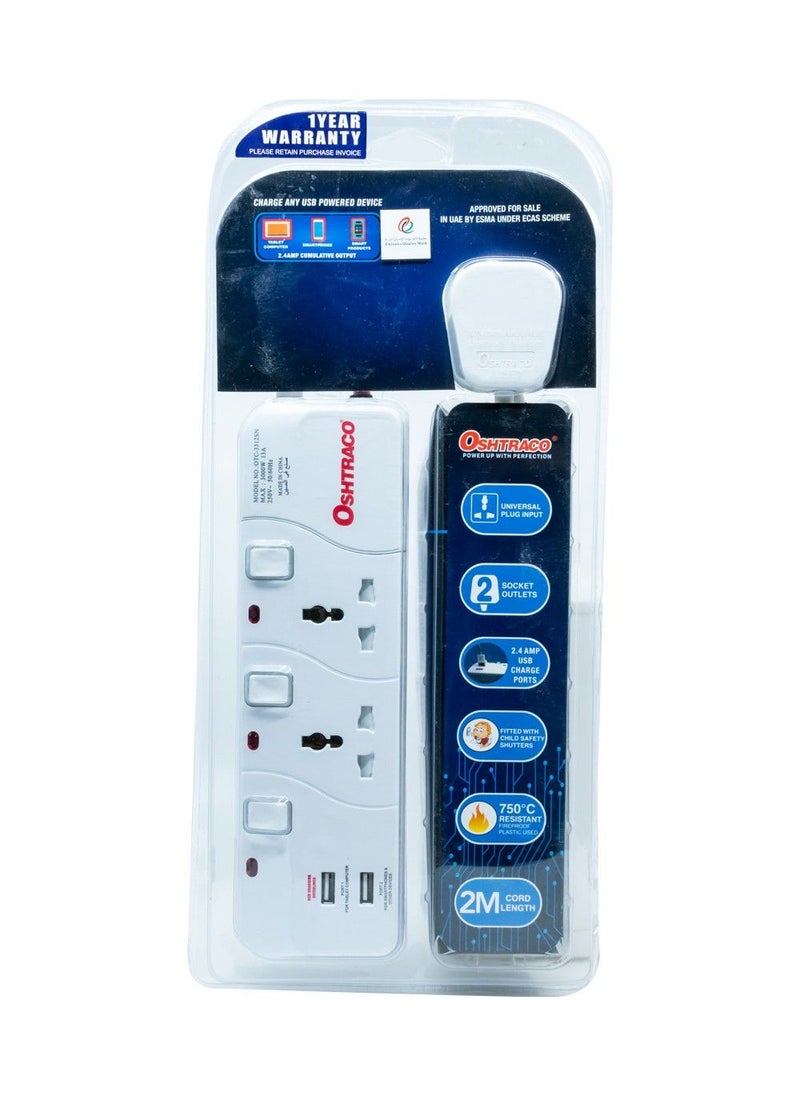 OSHTRACO Oshtraco 2 Way Universal Extension 2M Cord + 2.4 Amp Usb x 2  - Image 2