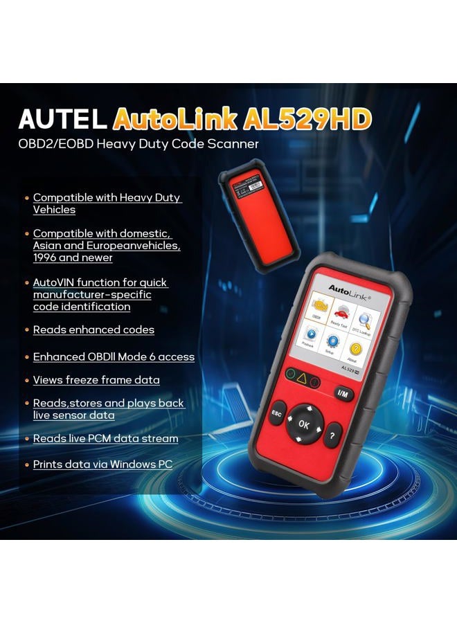 Autel AutoLink AL529HD for Heavy Duty Vehicles Advanced AL529 OBD2 Code Scanner AutoVIN Read Enhanced Codes for Ford/GM/Chrysler Freeze Frame Data Multilingual menu DTC Definitions - Image 2