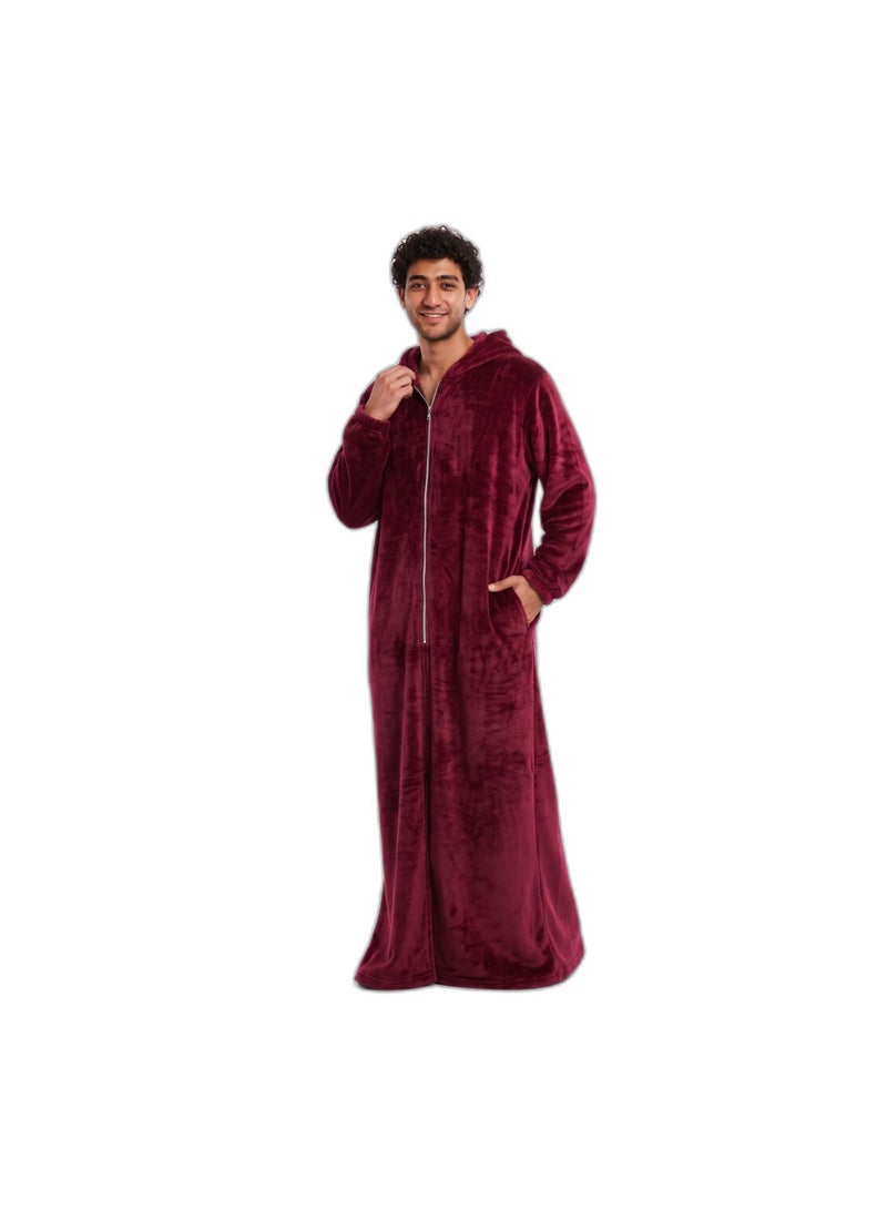 Men's Long Hooded Fleece Robe - Full Zip Plush Lounge Robe with Side Pockets and Elastic Cuffs - Burgundy