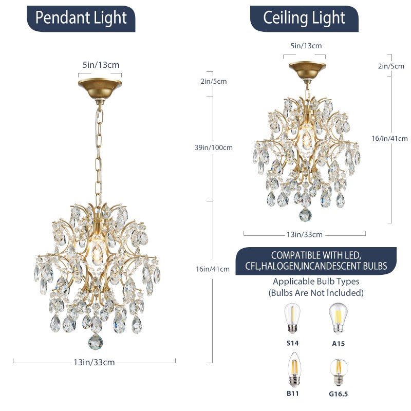 Bestier Gold Modern Pendant Chandelier Crystal Raindrop Lighting Ceiling Light Fixture Lamp for Dining Room Bathroom Bedroom Livingroom entryway 1 E26 Bulbs Required D13 in x H16 in - Image 3