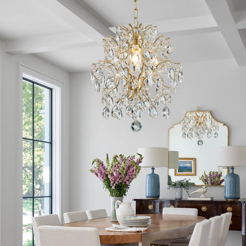 Bestier Gold Modern Pendant Chandelier Crystal Raindrop Lighting Ceiling Light Fixture Lamp for Dining Room Bathroom Bedroom Livingroom entryway 1 E26 Bulbs Required D13 in x H16 in - Image 2