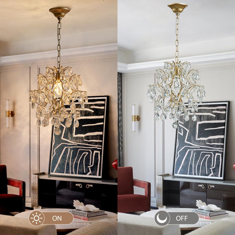 Bestier Gold Modern Pendant Chandelier Crystal Raindrop Lighting Ceiling Light Fixture Lamp for Dining Room Bathroom Bedroom Livingroom entryway 1 E26 Bulbs Required D13 in x H16 in - Image 5
