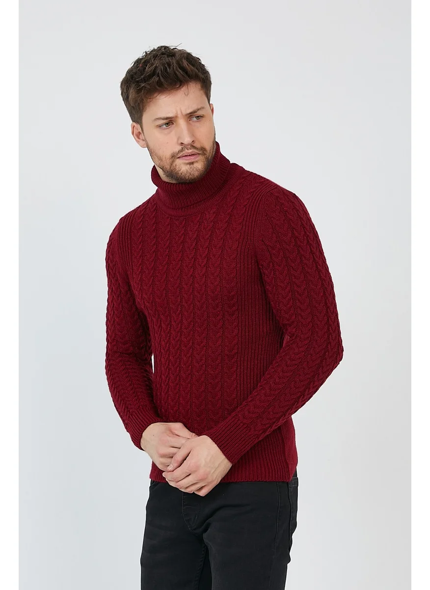 Cool Tarz Cool Style Claret Red Men's Knitted Patterned Turtleneck Knitwear SWEATER-TRZ8146R03S