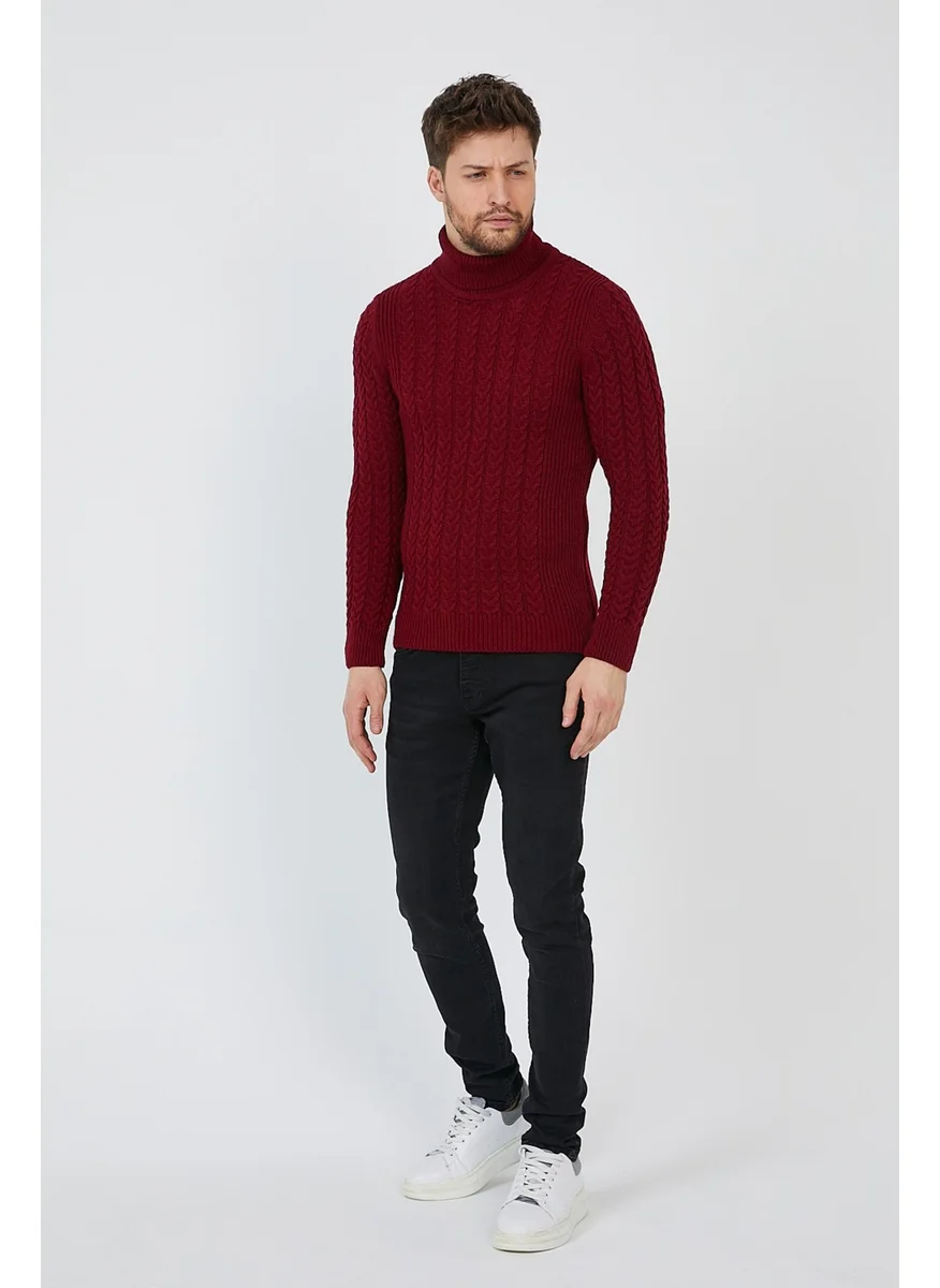 Cool Tarz Cool Style Claret Red Men's Knitted Patterned Turtleneck Knitwear SWEATER-TRZ8146R03S