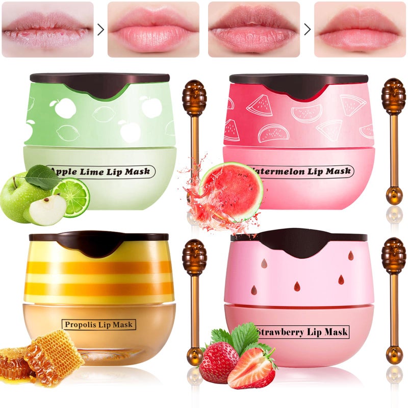 LSxia 4 PCS Honey Lip Balm Pot, Honey & Strawberry & Watermelon & Apple Lime Lip Mask, Reduces Lines, Hydrate & Moisturizing Skin Care, Prevention Dry Cracked Lips Repair Treatment, 5.5g*4 - Image 1