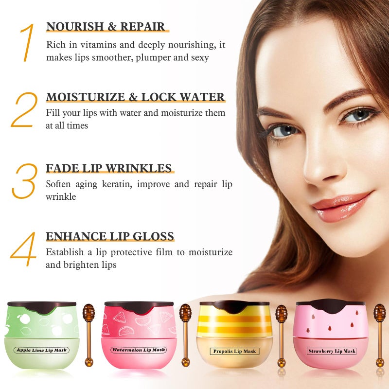 LSxia 4 PCS Honey Lip Balm Pot, Honey & Strawberry & Watermelon & Apple Lime Lip Mask, Reduces Lines, Hydrate & Moisturizing Skin Care, Prevention Dry Cracked Lips Repair Treatment, 5.5g*4 - Image 5
