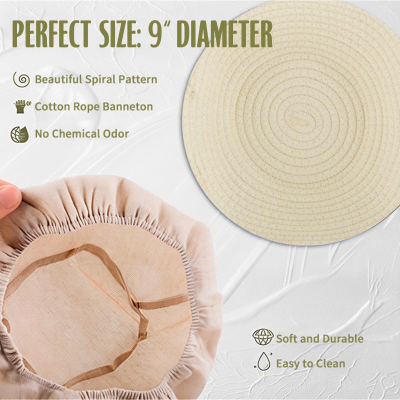 ASOBEAGE Banneton Bread Proofing Basket with 24oz Starter Jar -Round Cotton Rope Rising Basket with Bread Knife, Dough Scraper, Cloth & Liners - Complete Gift Kit for Sourdough and Artisan Bread Making - Image 3