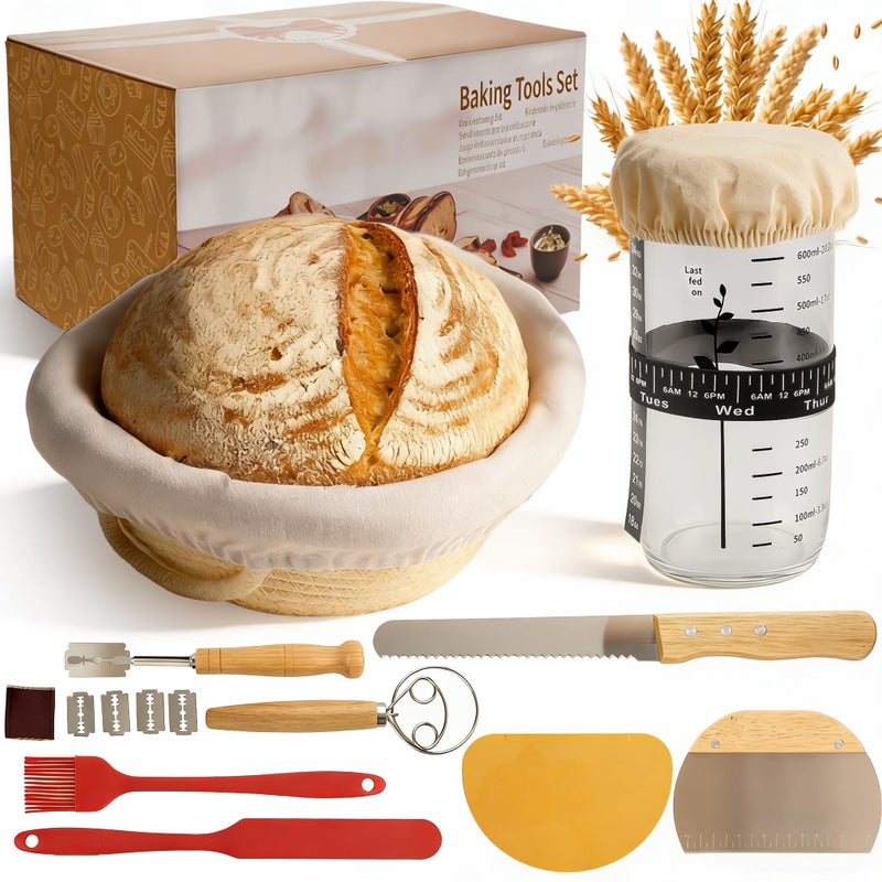 ASOBEAGE Banneton Bread Proofing Basket with 24oz Starter Jar -Round Cotton Rope Rising Basket with Bread Knife, Dough Scraper, Cloth & Liners - Complete Gift Kit for Sourdough and Artisan Bread Making - Image 1