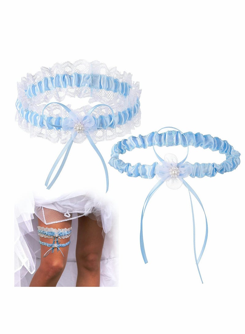 Excefore Blue Bridal Garter, 2Pcs Lace Garter Belts, Lace Wedding Garters with Flower - Image 1