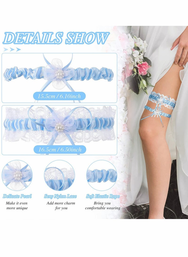 Excefore Blue Bridal Garter, 2Pcs Lace Garter Belts, Lace Wedding Garters with Flower - Image 4