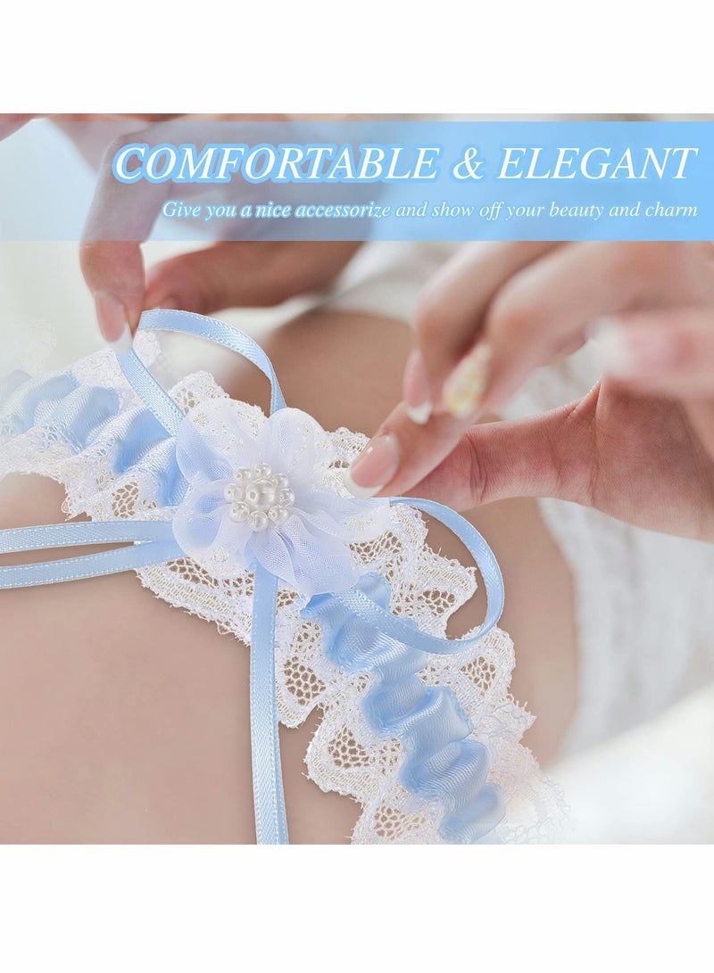 Excefore Blue Bridal Garter, 2Pcs Lace Garter Belts, Lace Wedding Garters with Flower - Image 3