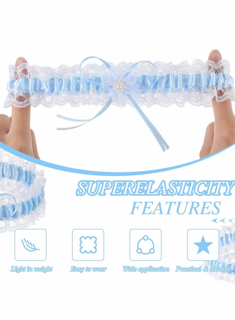 Excefore Blue Bridal Garter, 2Pcs Lace Garter Belts, Lace Wedding Garters with Flower - Image 2