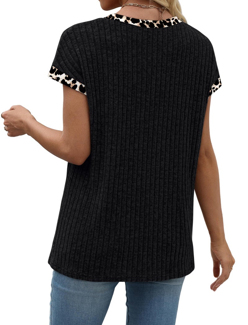 Sampeel Womens Tops Short Sleeve Shirts Sweaters Trendy Summer Tops Spring Outfits 2026 Fashion Beach Vacation Clothes Cheetah Leopard Print Black M - Image 5