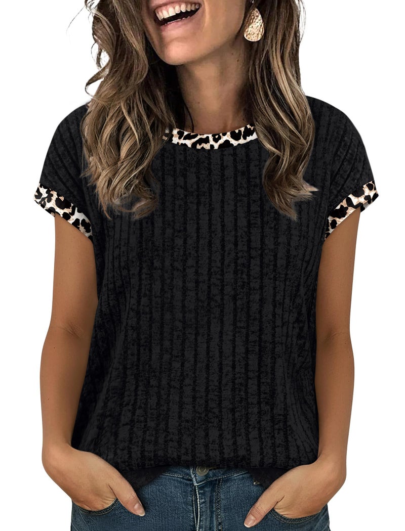 Sampeel Womens Tops Short Sleeve Shirts Sweaters Trendy Summer Tops Spring Outfits 2026 Fashion Beach Vacation Clothes Cheetah Leopard Print Black M - Image 2