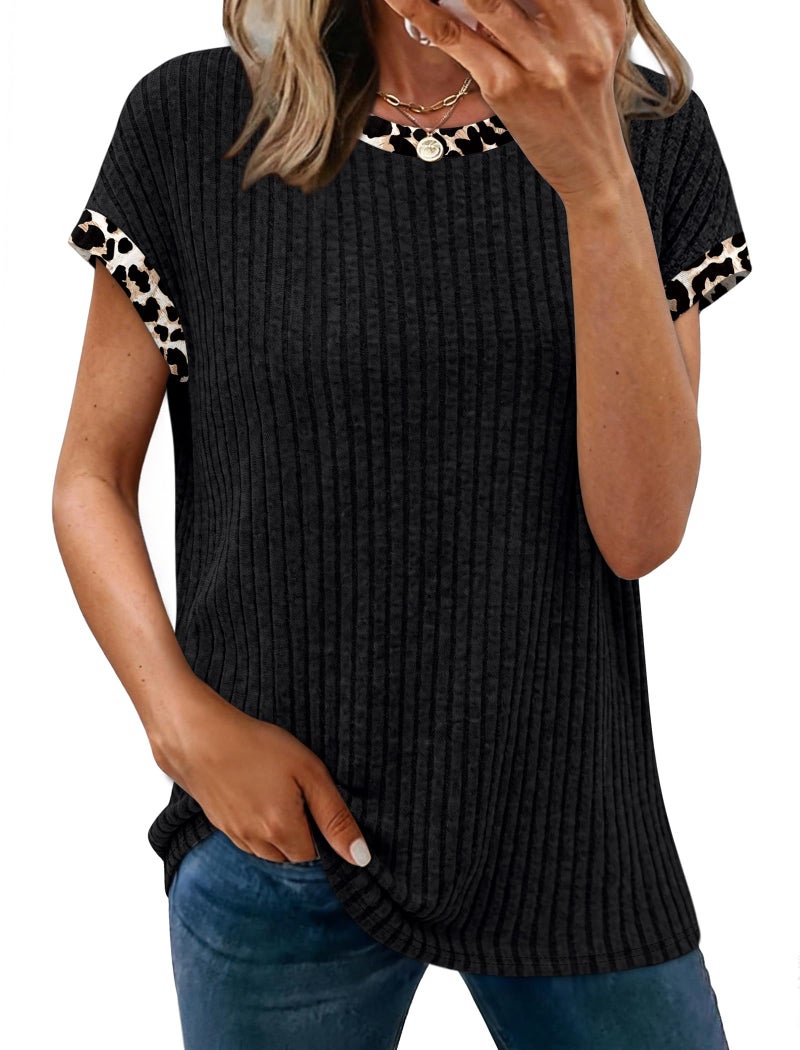 Sampeel Womens Tops Short Sleeve Shirts Sweaters Trendy Summer Tops Spring Outfits 2026 Fashion Beach Vacation Clothes Cheetah Leopard Print Black M - Image 3