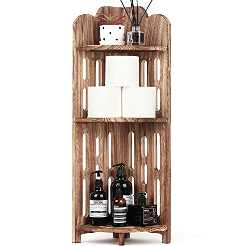 Meangood Bathroom Corner Shelf Stand, 3 Tier Solid Wood Display Shelf for Narrow Space, Shower Corner Shelf, Plant Stand Nightstand, for Living Room, Bedroom, Home Office, Elegant Carbonized Black - Image 1
