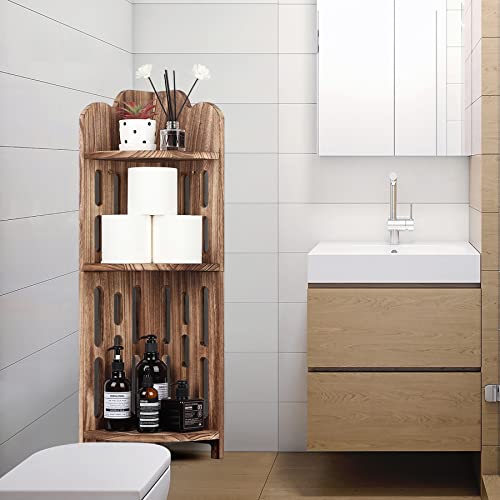 Meangood Bathroom Corner Shelf Stand, 3 Tier Solid Wood Display Shelf for Narrow Space, Shower Corner Shelf, Plant Stand Nightstand, for Living Room, Bedroom, Home Office, Elegant Carbonized Black - Image 2
