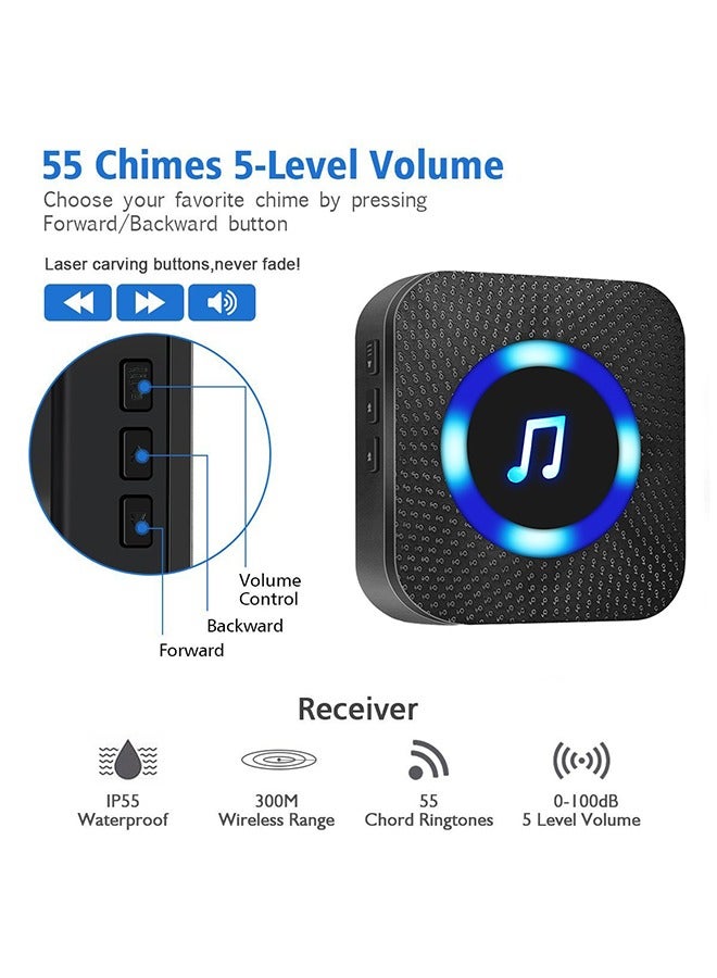 Wireless Doorbell with 1 Receivers 1 Buttons, IP55 Waterproof Doorbell, 300M Remote Doorbell, 55 Chimes 5 Volume, Colorful LED Flashing, 110 db Loud Volume for Classroom, Home, Office, Hotel, Apartment  - Image 3