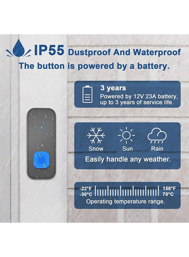 Wireless Doorbell with 1 Receivers 1 Buttons, IP55 Waterproof Doorbell, 300M Remote Doorbell, 55 Chimes 5 Volume, Colorful LED Flashing, 110 db Loud Volume for Classroom, Home, Office, Hotel, Apartment  - Image 4