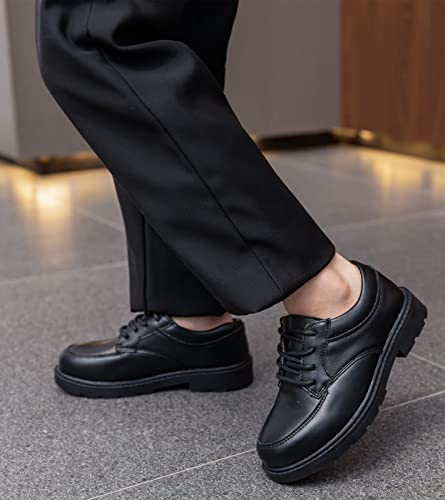 kkdom Boys Girls Classic Lace-Up Comfort Oxfords School Uniform Dress Shoes Loafer Flats (Toddler/Little Kid) Leather Black US Size 4 M Big Kid - Image 2