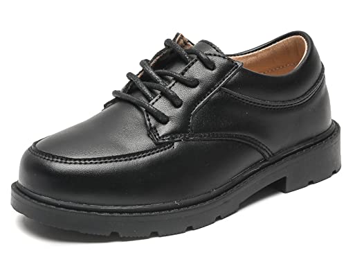 kkdom Boys Girls Classic Lace-Up Comfort Oxfords School Uniform Dress Shoes Loafer Flats (Toddler/Little Kid) Leather Black US Size 4 M Big Kid - Image 1