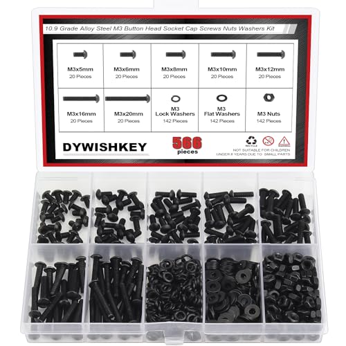 DYWISHKEY 566 Pieces M3 Black Screws, 10.9 Grade Alloy Steel M3x 5/6 /8/10 /12/16 /20mm Button Head Socket Cap Screws Bolts Nuts Washers Assortment Kit - Image 1