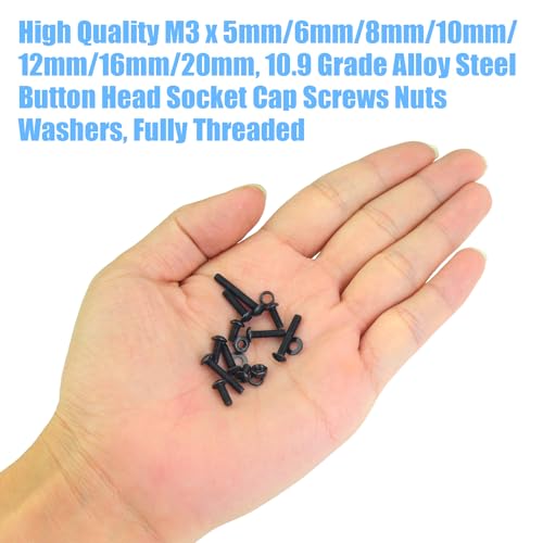 DYWISHKEY 566 Pieces M3 Black Screws, 10.9 Grade Alloy Steel M3x 5/6 /8/10 /12/16 /20mm Button Head Socket Cap Screws Bolts Nuts Washers Assortment Kit - Image 5