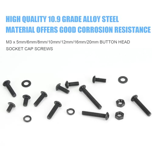 DYWISHKEY 566 Pieces M3 Black Screws, 10.9 Grade Alloy Steel M3x 5/6 /8/10 /12/16 /20mm Button Head Socket Cap Screws Bolts Nuts Washers Assortment Kit - Image 2
