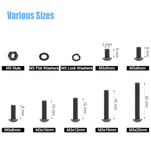 DYWISHKEY 566 Pieces M3 Black Screws, 10.9 Grade Alloy Steel M3x 5/6 /8/10 /12/16 /20mm Button Head Socket Cap Screws Bolts Nuts Washers Assortment Kit - Image 3