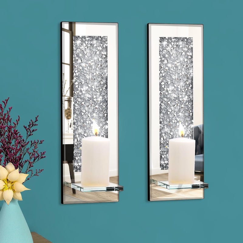 Pibeyer Crystal Crush Diamond Wall Candle Holder Set of 2 Rectangle Silver Mirrored Candle Sconces Home Wall Decoration for Living RoomDining Room  Bedroom