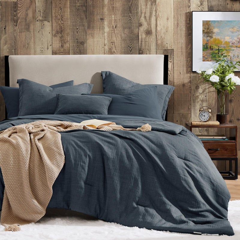 Geniospin Full Comforter Set - 7 Pieces Comforter Full Size, Solid Bedding Sets for All Season, Textured Bed in a Bag with Flat Sheet and Fitted Sheet, Pillowcases and Shams (Navy Blue, 80''x90'') - Image 1